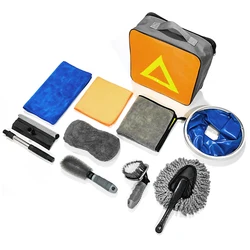 10PCS car cleaning work set, towel, brush, glass scraper, storage bag, folding bucket, sponge, wheel brush,