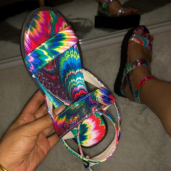 

Women's Flat Platform Sandals Colorful Summer Print Ladies Ankle Buckle Strap Sandalias Mujer Shoes Female Casual Woman