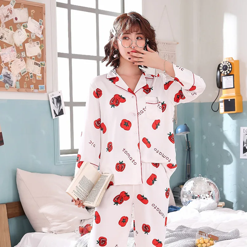 Smmoloa Women Comfortable Silk Pajama Set Girl Pyjama Long Sleeve Sleepwear