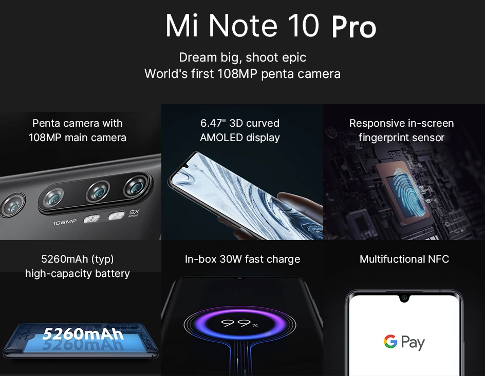 Глобальная версия Xiaomi Mi Note 10 pro 8GB 256GB 108MP Penta camera Smartphone 5260mAh аккумулятор 10x оптический двойной