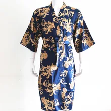 Темно-синий китайский Винтажный Мужской халат Повседневная одежда для сна атласный Ночной костюм из вискозы Печатный халат с рисунком драконов кимоно платье Неглиже