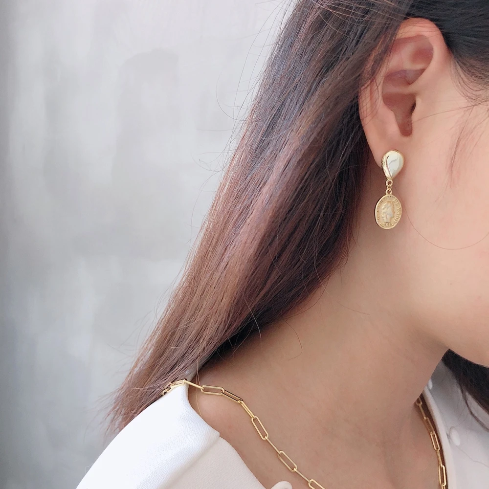 

925 Solid Silver Gold Irregular Medal Coin Earrings European Asymmetrical Drop Earrings for Women Jewelry Party Girl Gift Bijoux