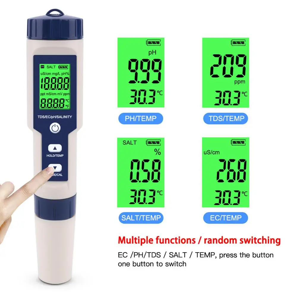 

5 in 1 PH/TDS//EC Temperature Meter Digital Water Quality Monitor Tester Detector for Pools Drinking Water Aquariums PH Meter
