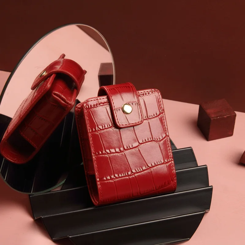 

European and American style first layer crocodile grain leather portable lipstick bag with mirror cosmetic bag box