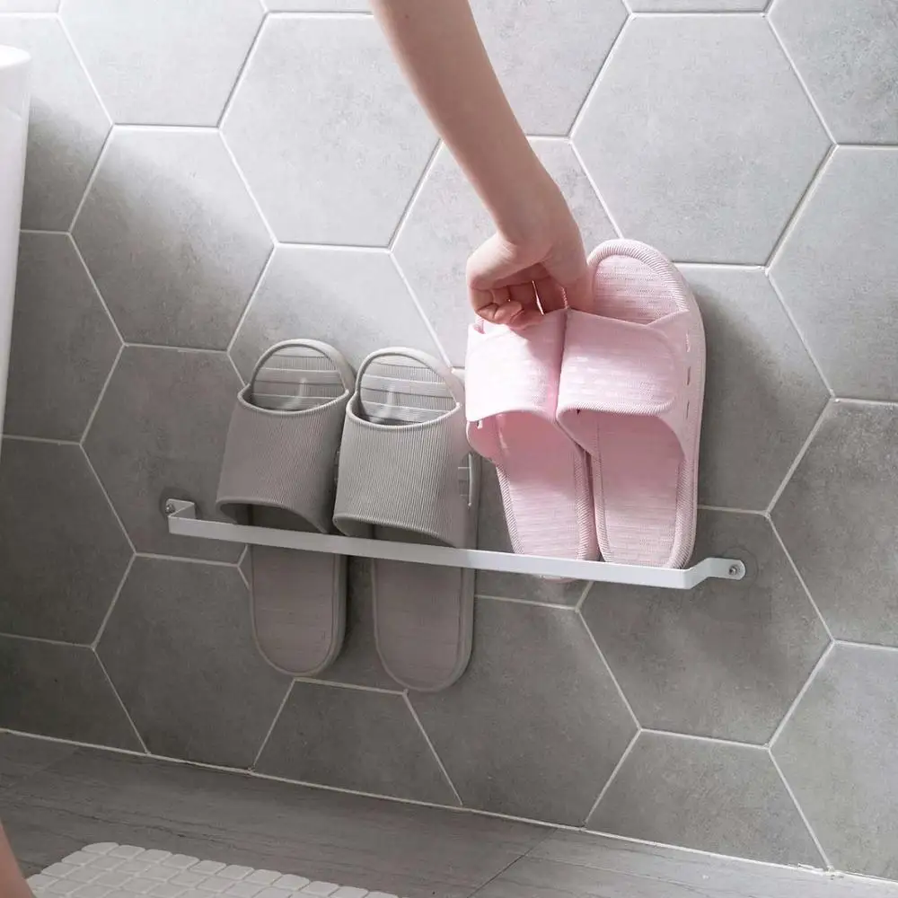 Wall Mounted Iron Shoe Rack and Towel Hanger, Multipurpose Bathroom Slippers Drain Storage Shelf Organizer image 2