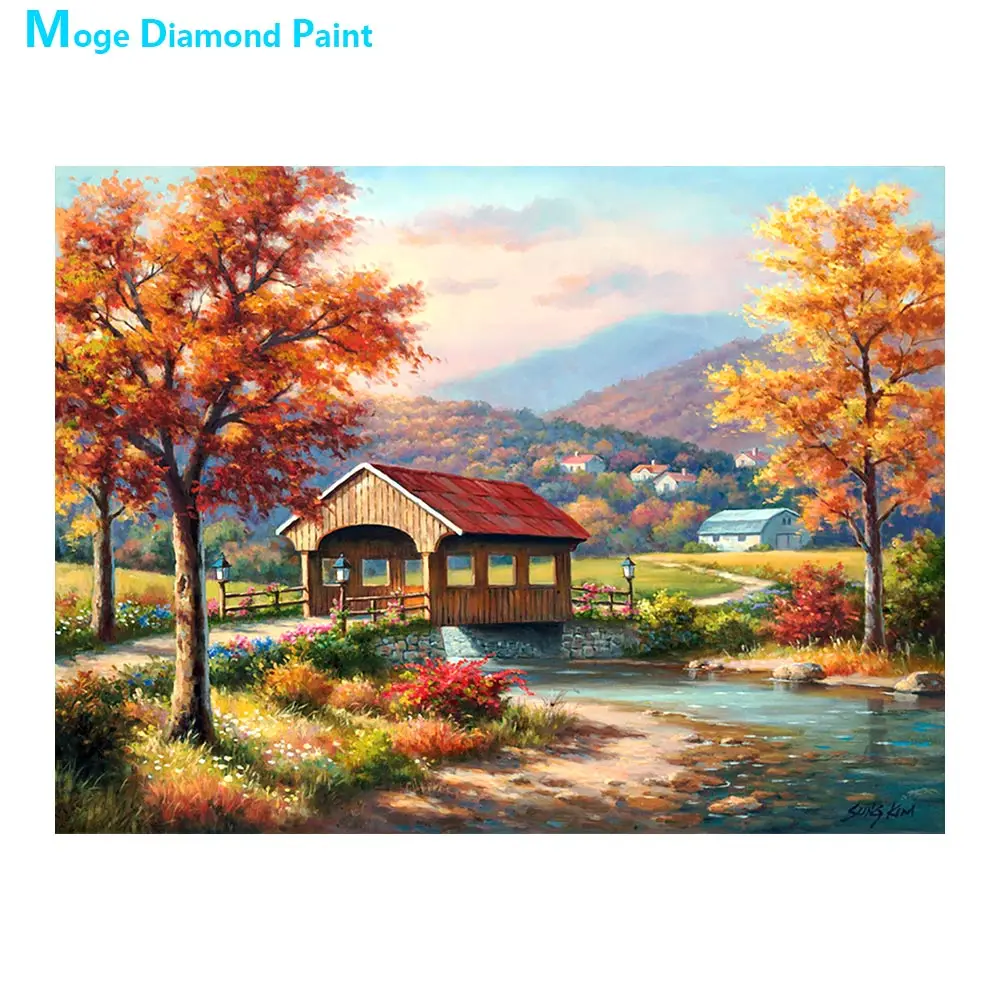 Rural Countryside Autumn Diamond Painting Scenic Round Full Drill Bridge River Water DIY Mosaic Embroidery 5D Cross Stitch | Дом и сад