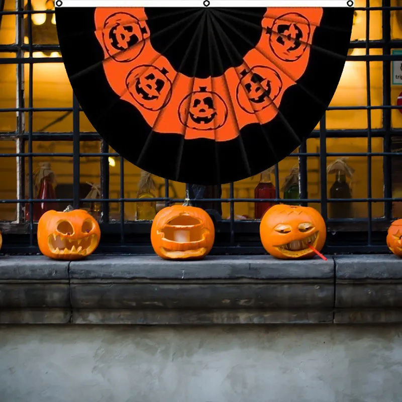 Dropshipping 45*90cm Halloween Semicircular Flag Outdoor Dress Up Flag Happy Halloween Pumpkin Jack Lantern Bunting Fan Flag