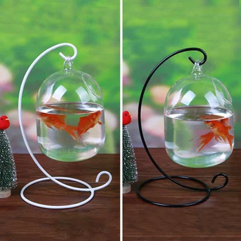 

Hanging Glass Aquarium Fish Bowl Fish Tank Flower Plant Vase with 23cm Height White Rack Fishbowls