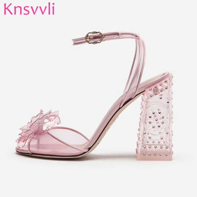 Knsvvli/прозрачные босоножки на прозрачном каблуке с кристаллами; женская обувь для вечеринок из ПВХ, розового и зеленого цветов; босоножки на высоком массивном каблуке; mujer