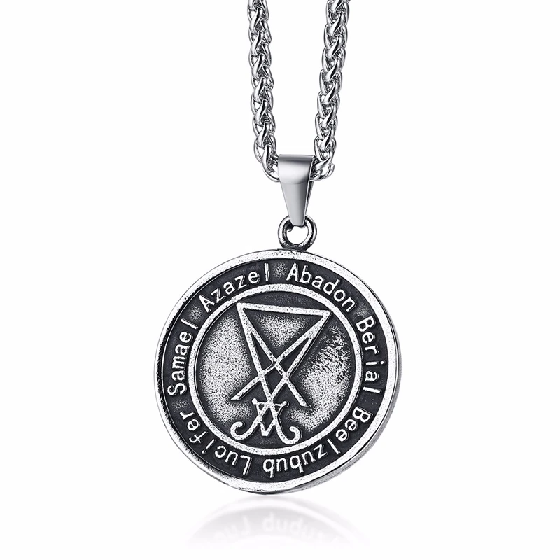 SIGIL OF LUCIFER DISC PENDANT SATANIC SYMBOL STAINLESS STEEL SATANISM UNISEX JEWELRY SEAL OF SATAN NECKLACE - Окраска металла: Style3