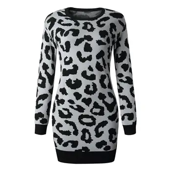 

Women Fashion Autumn Winter Sweater Long Sleeve Mini Bodycon Sweater Dress Leopard Print Knit Pullover Warm Clothes For Female