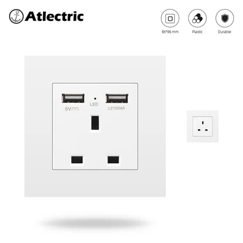 

Atlectric UK Standard Plug Socket PC Plastic Panel AC110~250V 13A Usb 2.1A Wall Outlet Power Adapter With LED Indicator