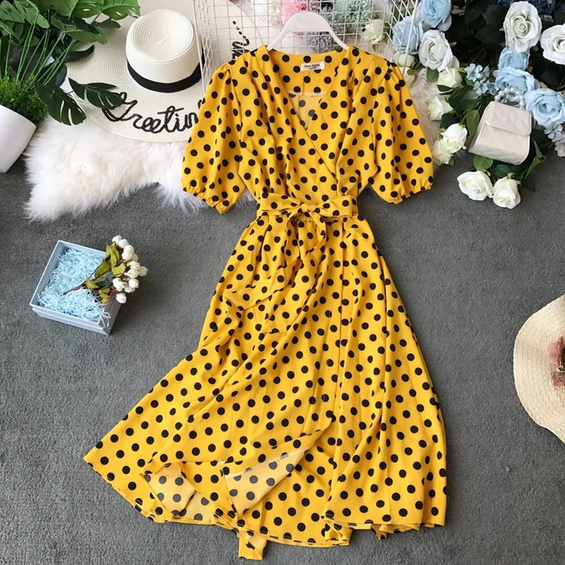 Sweet Memory Yellow Black White Red 2021 Women Party Dress A line Short  Sleeve Polka Dot Print High Waist Belt V Neck Dresses|Dresses| - AliExpress