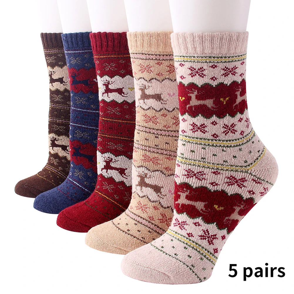

5pairs Cold Weather Thick Knit Ladies Elastic Fashion Artificial Wool Cozy Thermal Winter Warm Women Socks Soft Gift Vintage