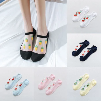 

Women Casual Socks Summer Transparent Silk Fruit Print Short Socks Breathable socks avocado Strawbarry Thin Sock Black White New