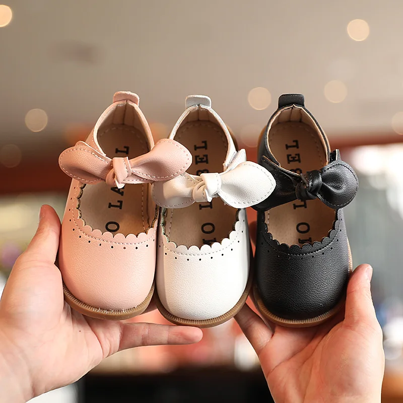 Bebé niñas zapatos de cuero suave clásico de primavera y otoño de los niños de moda Zapatillas de deporte niños vestido de zapatos de arco-Nudo de dulce para niños pequeños 21-30