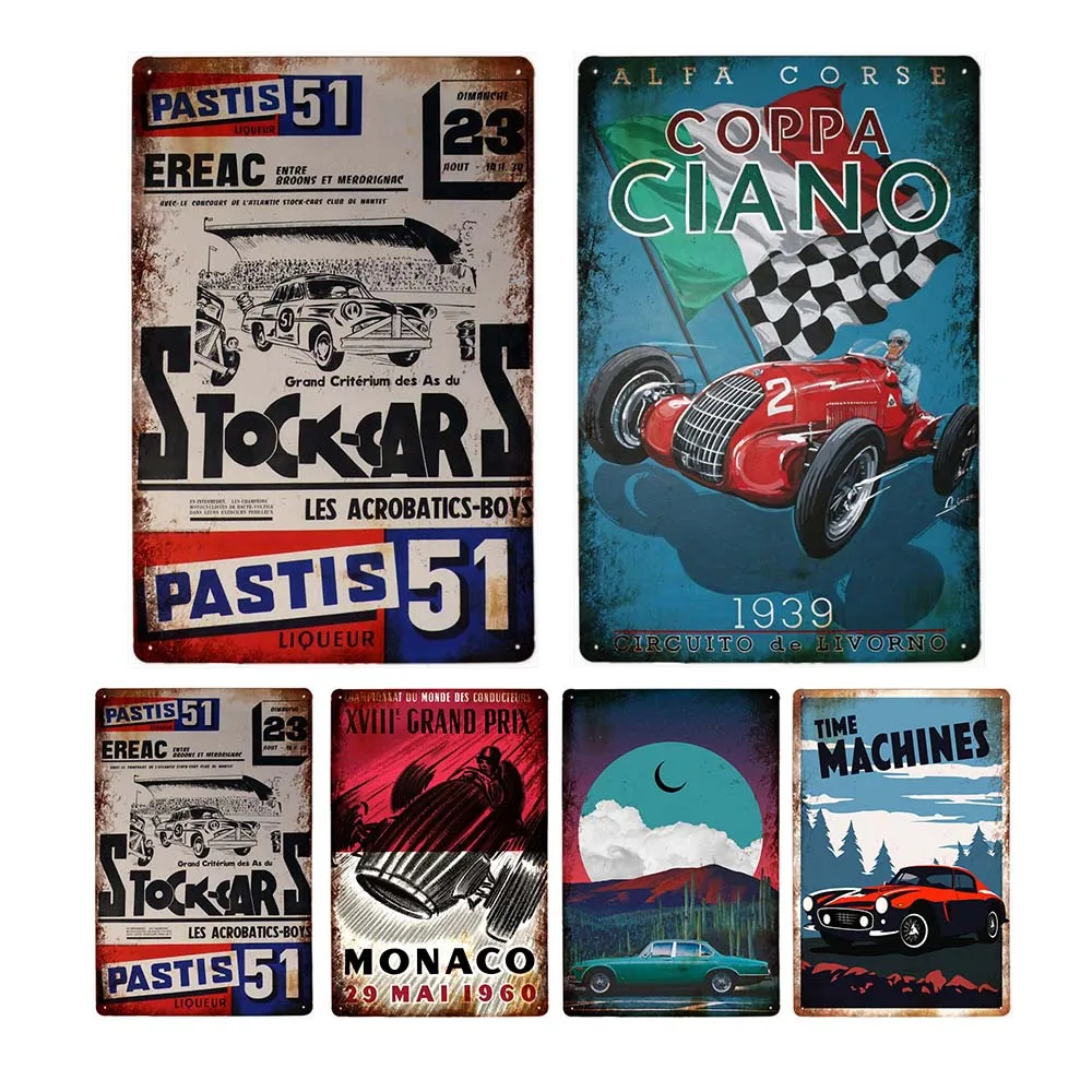 Macchine Del Tempo Auto Da Corsa D'Epoca Metallo Tin Pittura Poster Segni Decorazione Garage Arena Man Cave Retro Piatto Home Decor 20X30Cm