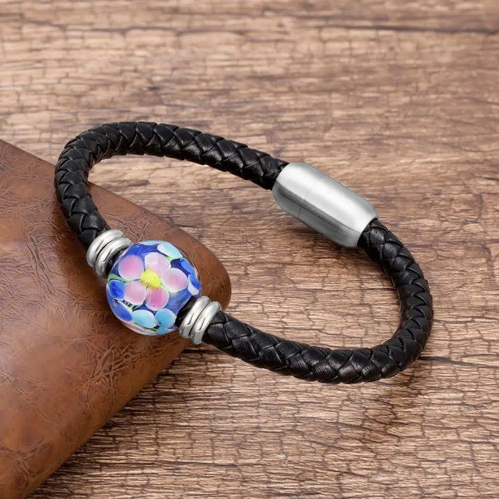 Мужской браслет из натуральной кожи с круглой цветной глазурью нержавеющей