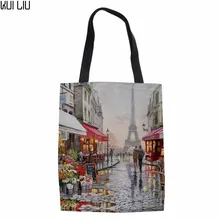 Женская Повседневная Холщовая Сумка через плечо с цветочным узором в Парижском Стиле пляжные сумки женские сумки для покупок