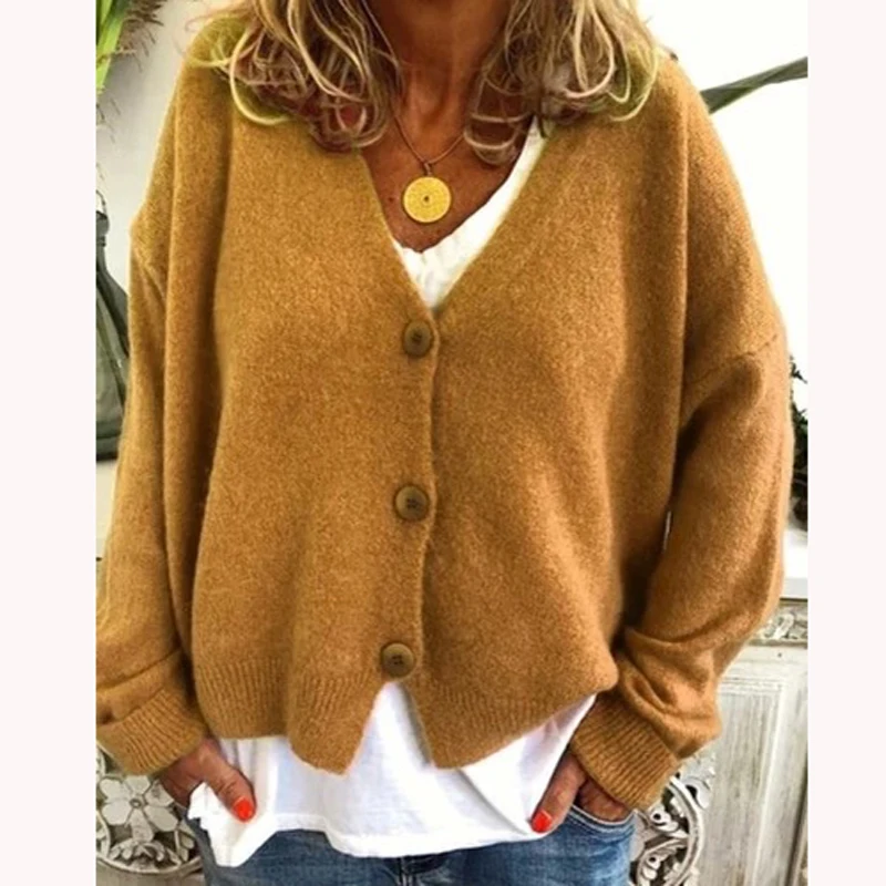 Осенне-зимний женский свитер с открытой строчкой, сексуальный вязаный свитер с v-образным вырезом и пуговицами, элегантный Свободный кардиган с длинным рукавом, топы, джемпер - Цвет: Yellow