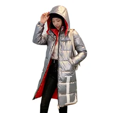 Женское длинное глянцевое пальто с капюшоном, большой размер, зимний пуховик, плотная теплая куртка с хлопковой подкладкой, ватные парки с большим карманом