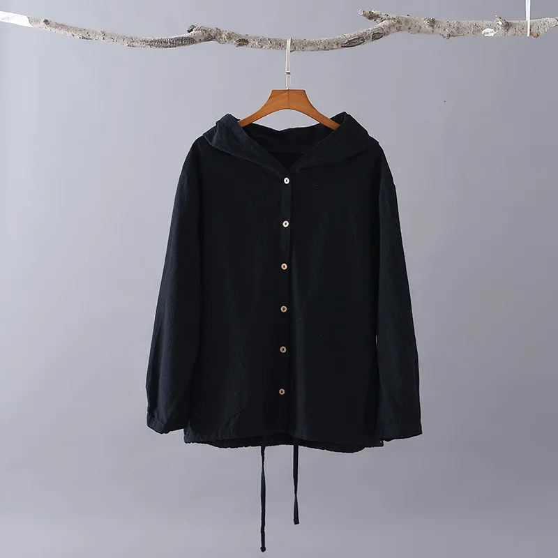 Black Женское осеннее однотонное хлопковое льняное короткое пальто, женская однобортная куртка с капюшоном, Женская Весенняя хлопковая льняная верхняя одежда - Цвет: Black