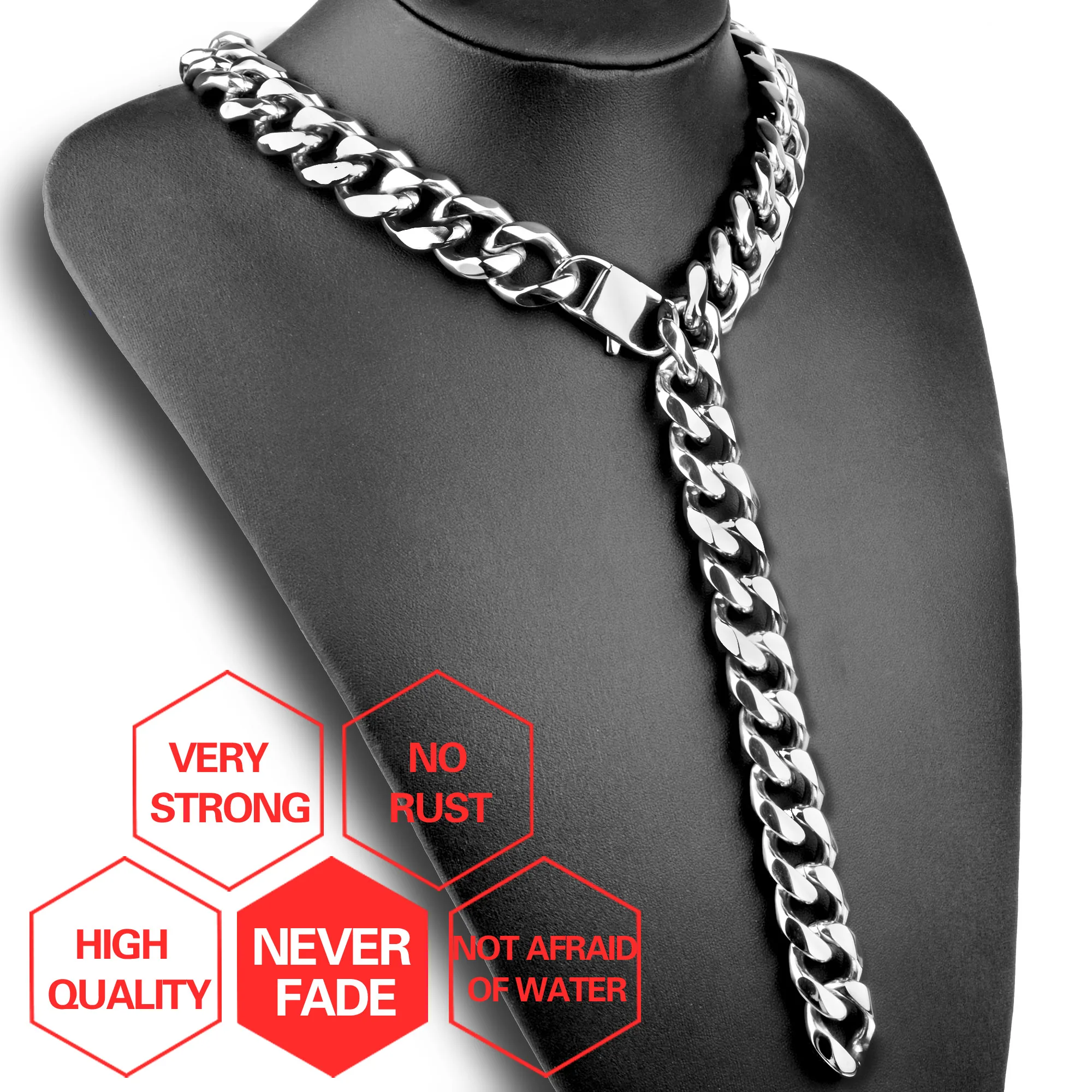 12/15/17mm High Polished Men's Necklace Cuban Link Chain 316L Stainless Steel Choker Hip Hop Punk Jewelry Accessory Wholesale