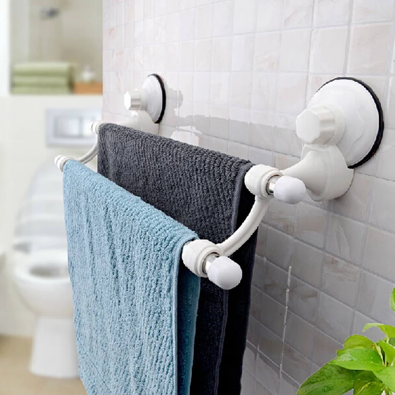 18.5 Inch Double Bars Suction Cup Towel Rail Holder Storage Racks Wall Mounted ABS Bathroom Organizer Kitchen Hotel