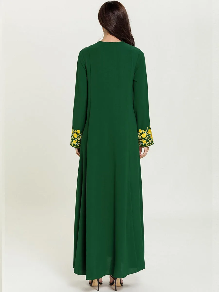 BNSQ элегантный Исламская с рукавами зеленого цвета и абайя, кафтан платье для выпускного вечера с золотой цветочной вышивкой высокое