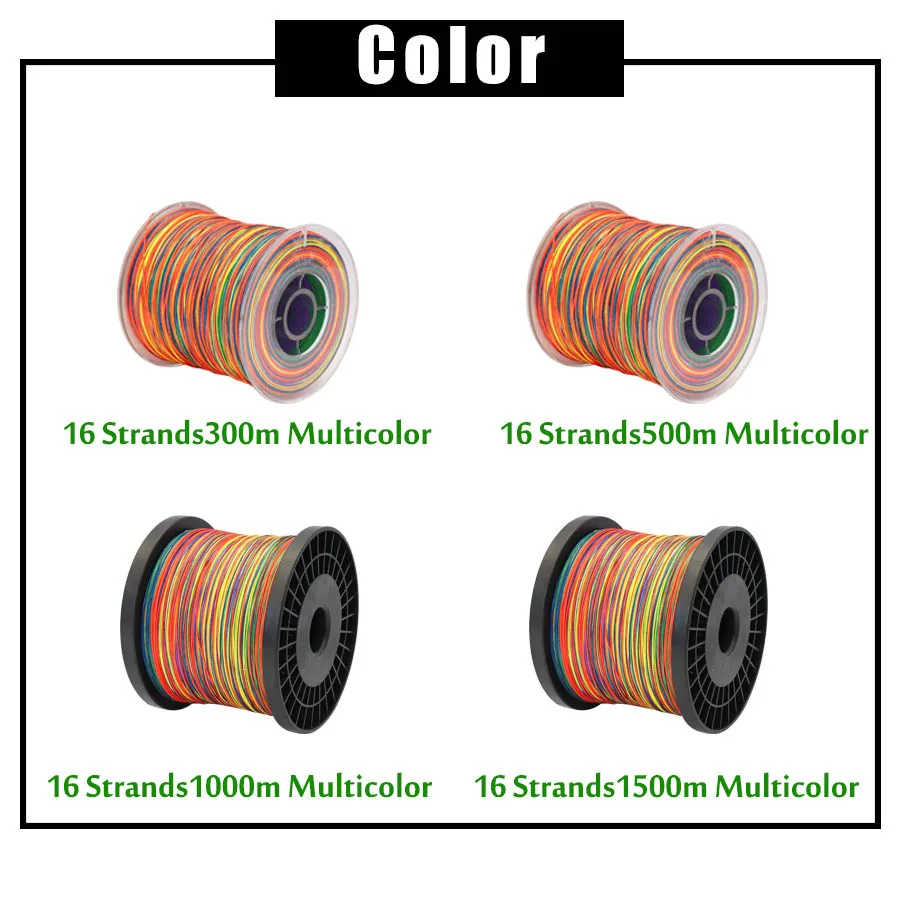 Multifilament PE Braided Line, 16 Strands, Multicolor, Super Power, Japan,  60 LB-310LB, 300m, 500m, 1000m, 1500m