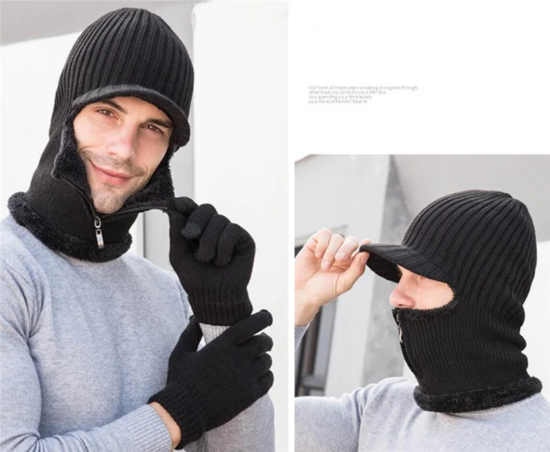 Winter Men Zip Hooded Scarf With Golves Women Plush Knitted Hat Scarves Male Woman Warm Protection Ear Brim Cap Adult