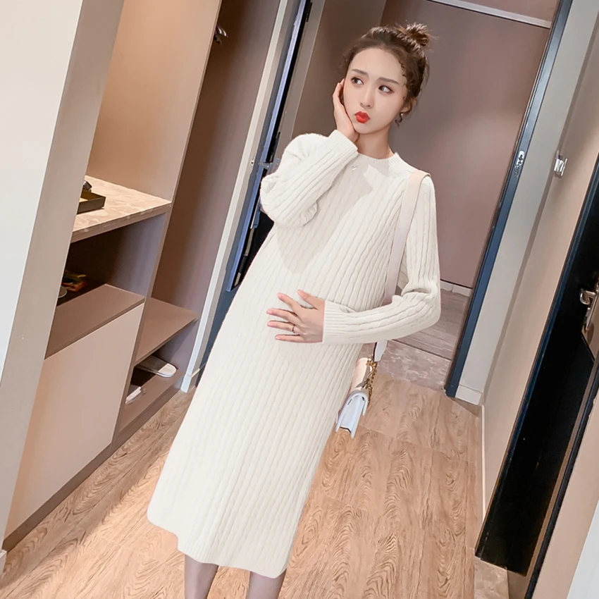 Осенне-зимний вязаный свитер с круглым вырезом для беременных женщин, новое корейское модное трикотажное платье для беременных