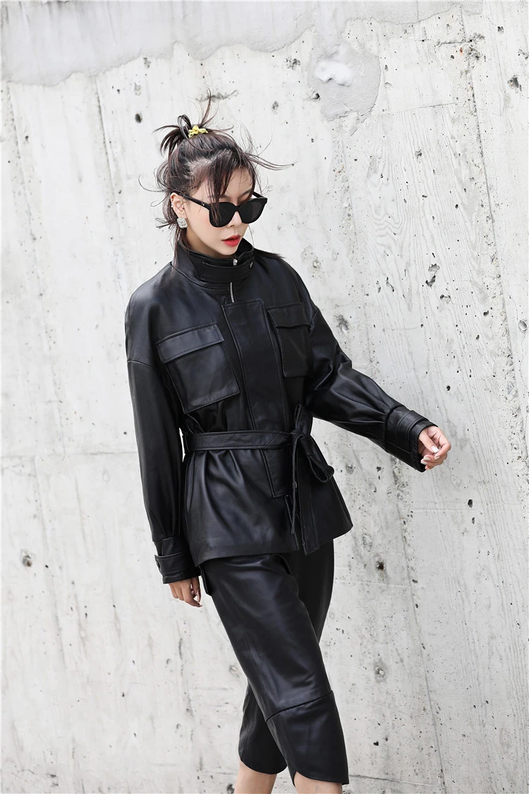 Genuine Leather Jacket Highstreet Mock Neck Pocket Front Wrap Waist Sheepskin Coat Women Autumn Casual Office Lady Outwear