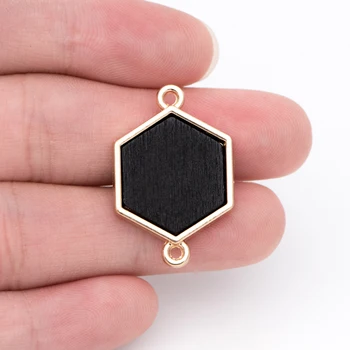 

10pcs Wood Hexagon Connector Pendants 29x19mm, Gold plated Metal Geometric Charms，Black, For Jewelry DIY Findings (#HT-75-2)