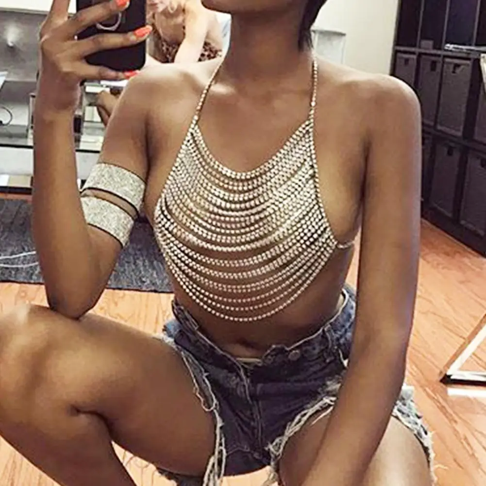 Women Sexy Rhinestone Inlaid Multi Layer Bra Crop Top Body Chest Chain Jewelry harness chain chest jewelry accessories | Женская одежда