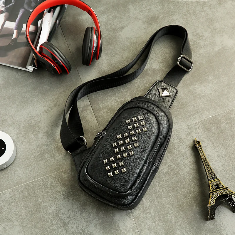 

Fashion rivet leather shoulder bag Korean version rivet soft leather chest bag tide men's small bag youth backpack men's bag