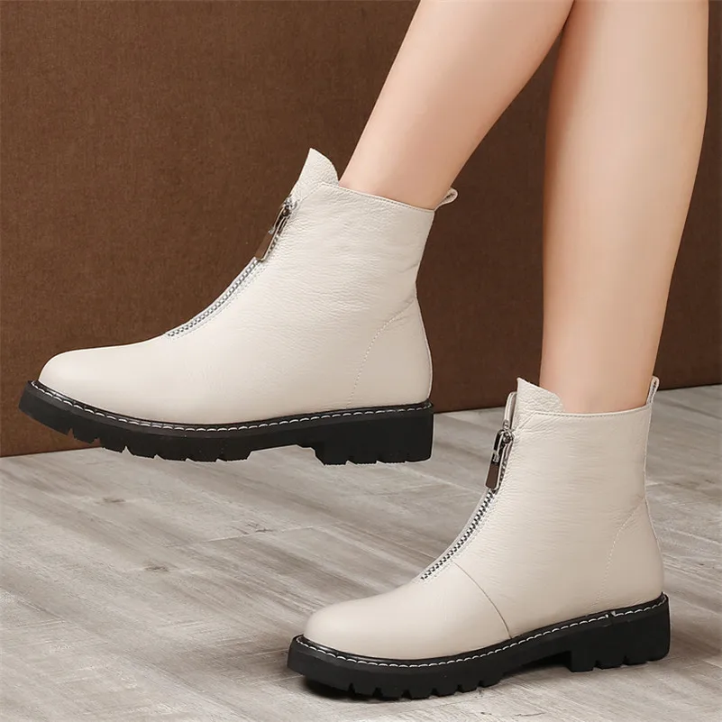 Meotina Winter Ankle Boots Women Natural Genuine Leather Thick Heel Short Boots Zipper Round Toe Shoes Ladies Autumn Size 34-39