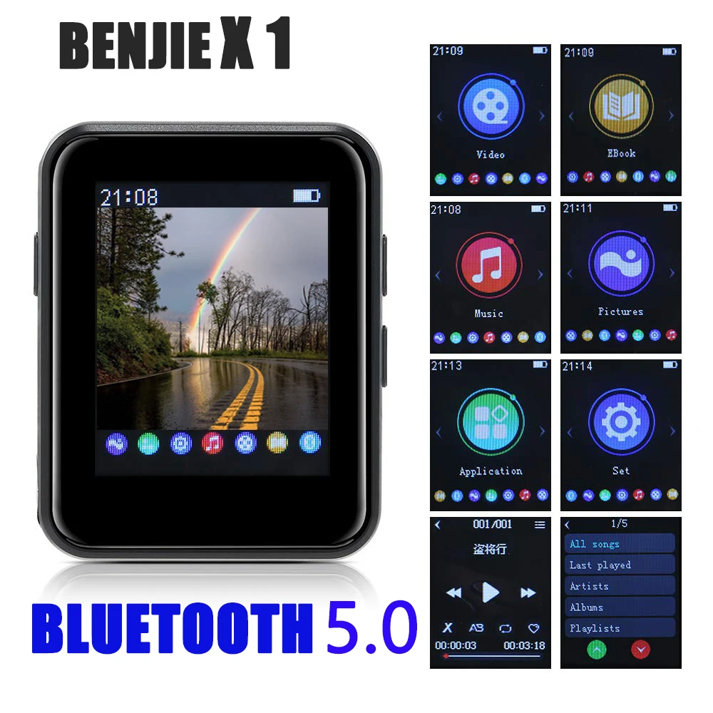 MP3-плеер Bluetooth 5,0 с зажимом встроенный динамик полный сенсорный экран 1,8 дюймов BENJIE X1 металлический музыкальный плеер с FM, поддержка SD