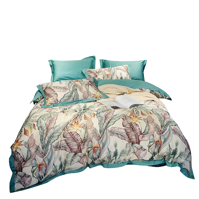 Постельное белье из египетского хлопка king size 4 шт. 60s атласные кроватные простыни темно-зелеными листьями постельные принадлежности набор пододеяльников в европейском стиле двойной постельное белье