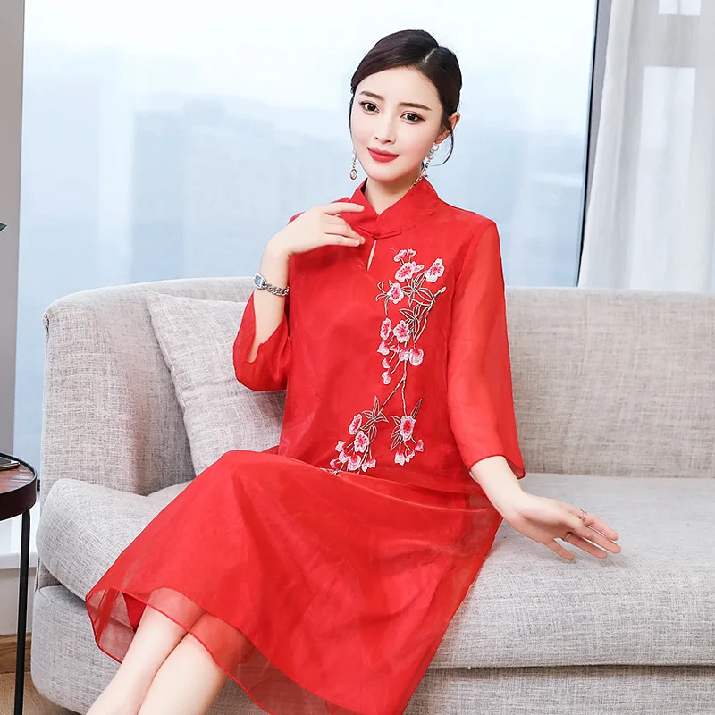 

2019 Spring And Summer New Style Mid-length Retro Chinese-style Three-quarter-length Sleeve Dress Women's Ethnic-Style Large Siz