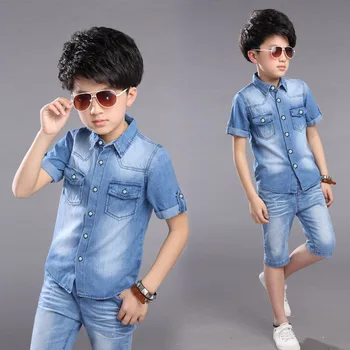 

Teens Children Boys Summer Short Sleeve Cotton Denim T Shirt+Shorts Jeans Infant Clothing Sets For Boys New 6 10 12 14 Years Old