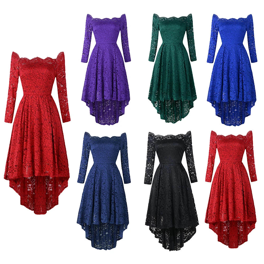 

Short Lace Evening Dresses Off the Shoulder Homecoming Dress Asymmetrical Tea-length Prom Dress cute Full Sleeve Party Dress