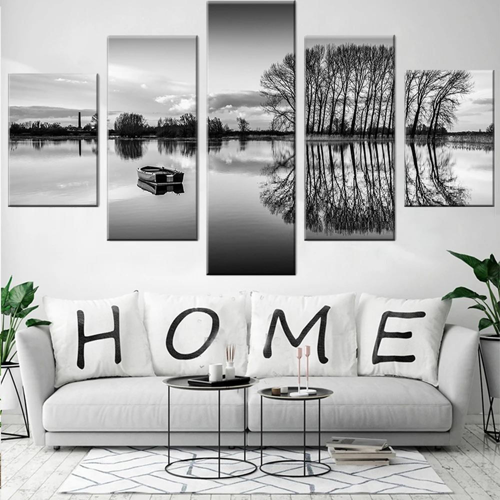 

5 Pieces Wall Art Canvas Painting Black And White Ship Lake Tree Landscape Poster Modular Home Decoration Modern Living Room