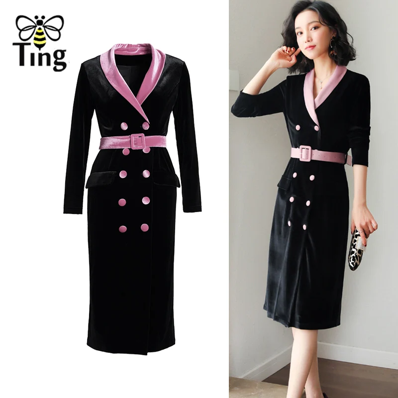 

Tingfly 2020 Winter Autumn Elegant Office Lady Velvet Dress Pink Color Collar Patchwork Double Breasted Vintage Knee Vestidos
