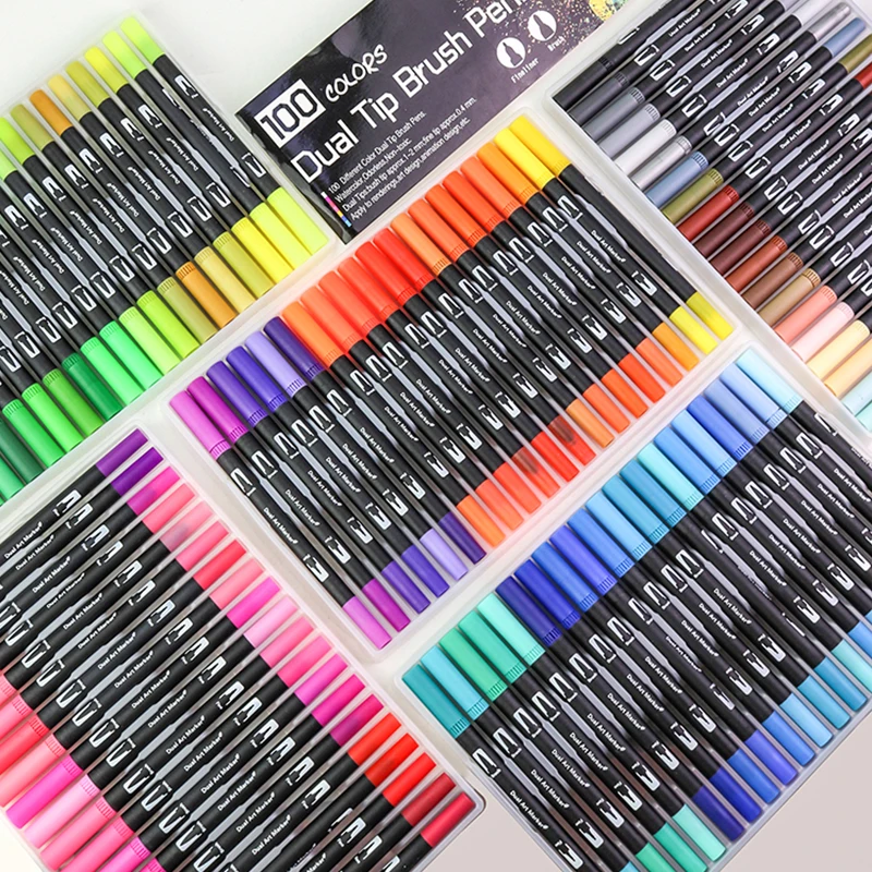 Juego de rotuladores de acuarela de doble pincel, delineador de Micron,  rotuladores de dibujo artístico, suministros escolares, 12-120 colores -  AliExpress