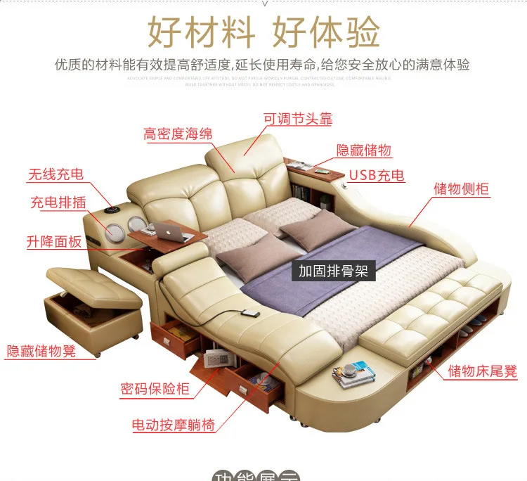 Real Genuine leather bed frame massage Soft Bed Home Bedroom Furniture camas lit muebles de dormitorio yatak mobilya quarto bett
