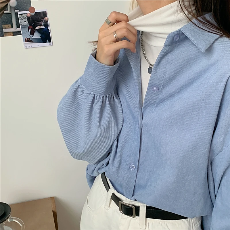 

Solid Corduroy Blouse Women Lantern Sleeve Oversized Long Shirts Casual Loose Tops Ladies Spring Autumn Chic Blouses