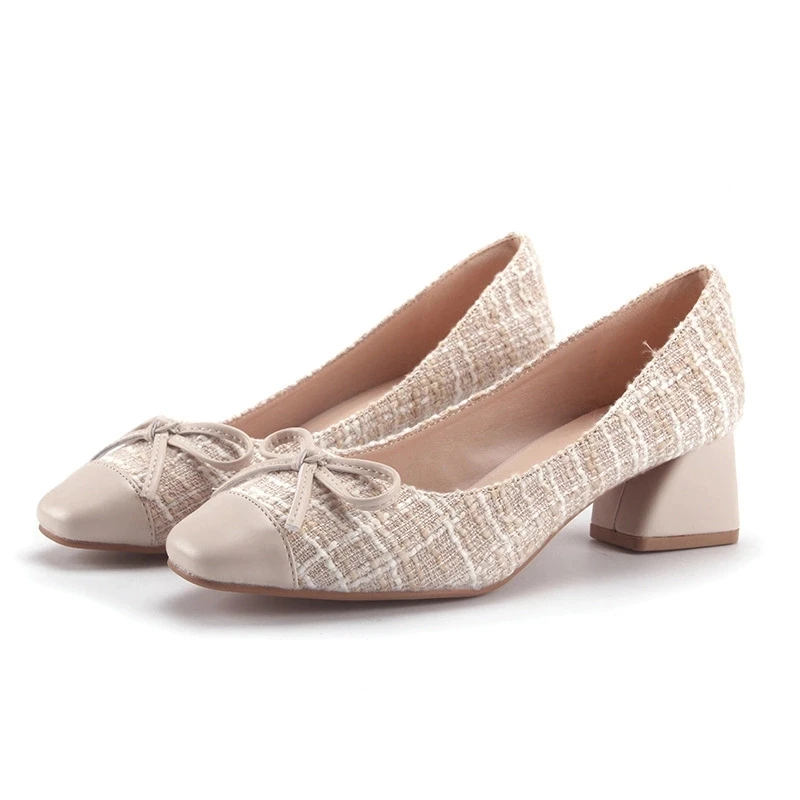 

Women's new square-headed heavy-heeled single shoes, women's bowknot fashionable autumn high-heeled shoes, shallow-mouthed women