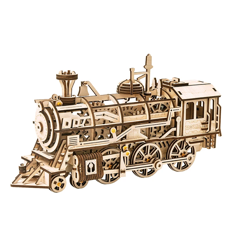

DIY 3D Wooden Puzzle Train Model Clockwork Gear Drive Locomotive Assembly Model Building Kit Toys for Children Adult LK701