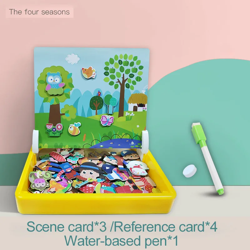 Fourseasons Магнитная 3D Головоломка Tangram игра двусторонняя Монтессори обучения Обучающие Рисование настольные игры игрушка подарок для детей - Цвет: Fourseasons